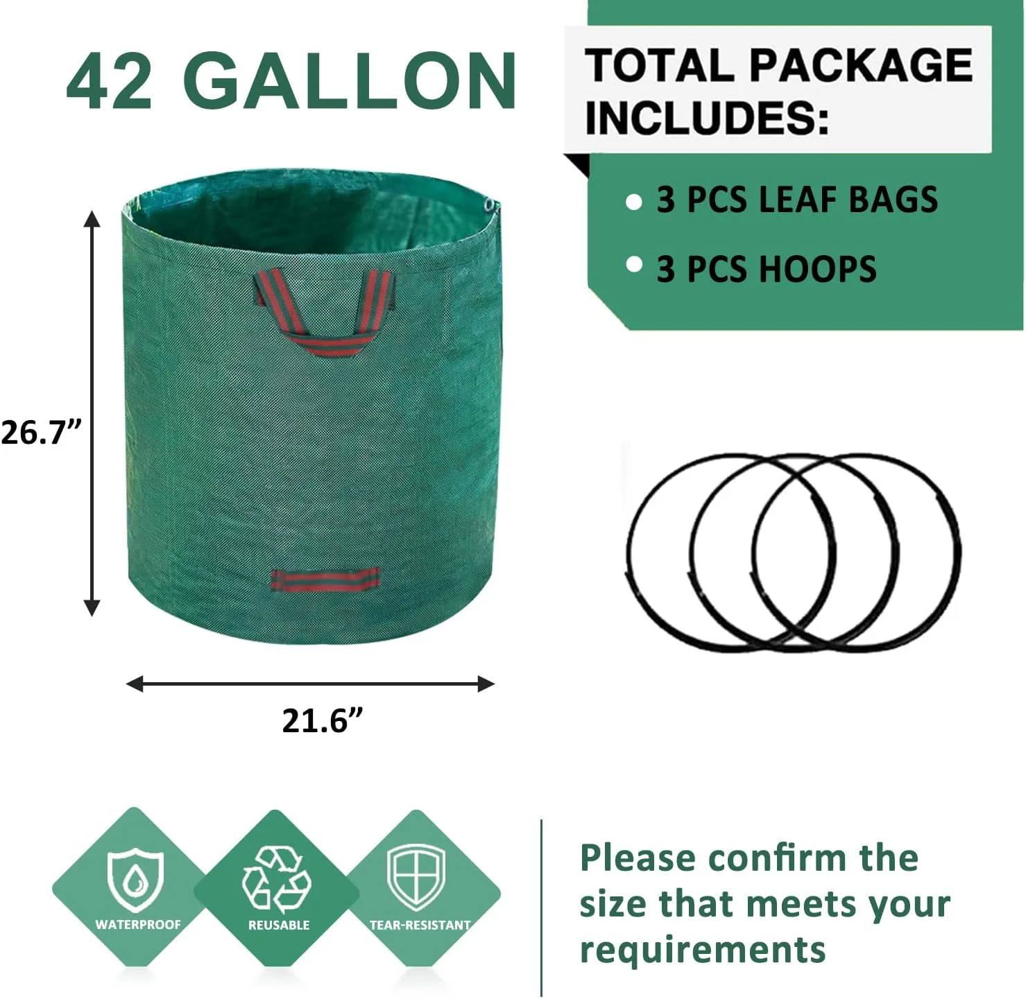 Hugeleaf Reusable Leaf Bags 42 Gallon with Reinforced Handles, 3 Pack Collapsible Lawn Bags with Plastic Hoops, Stand Up Yard Waste Bin for Leaves, Lawn Debris Collection