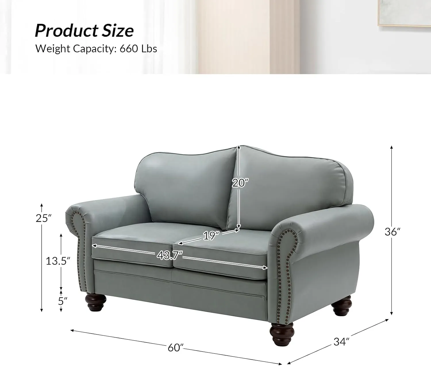 HULALA Home Chesterfield Loveseat Genuine Leather Sofa with Tufted Back 2-Seater Couch for Living Room, Office, Sage