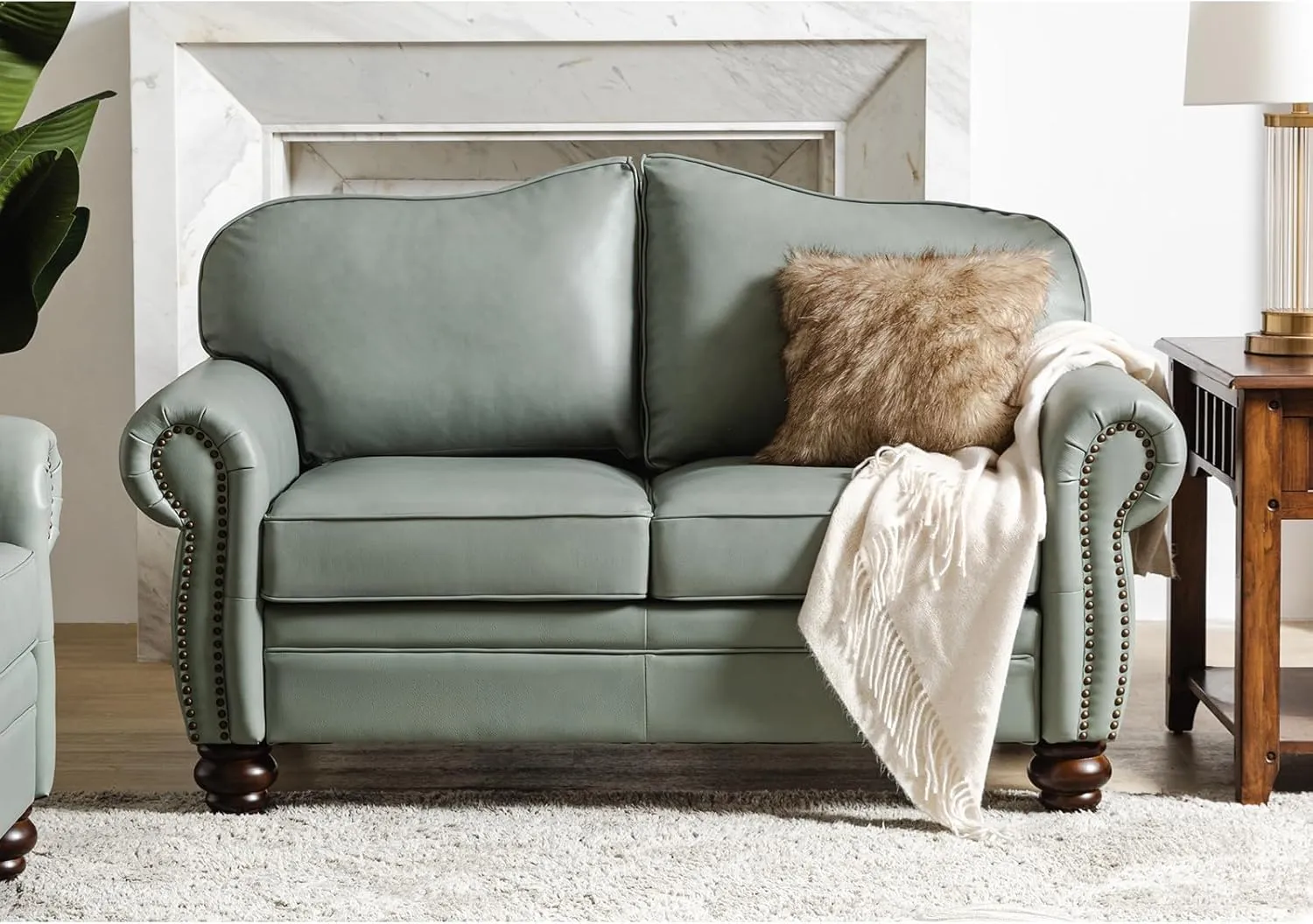 HULALA Home Chesterfield Loveseat Genuine Leather Sofa with Tufted Back 2-Seater Couch for Living Room, Office, Sage