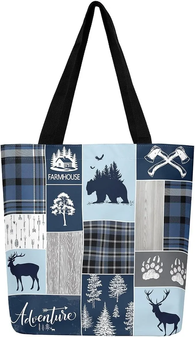 Hunting Bear Deer Canvas Tote Bag Camping Tote Bag Elk Animal Shopping Grocery Bags