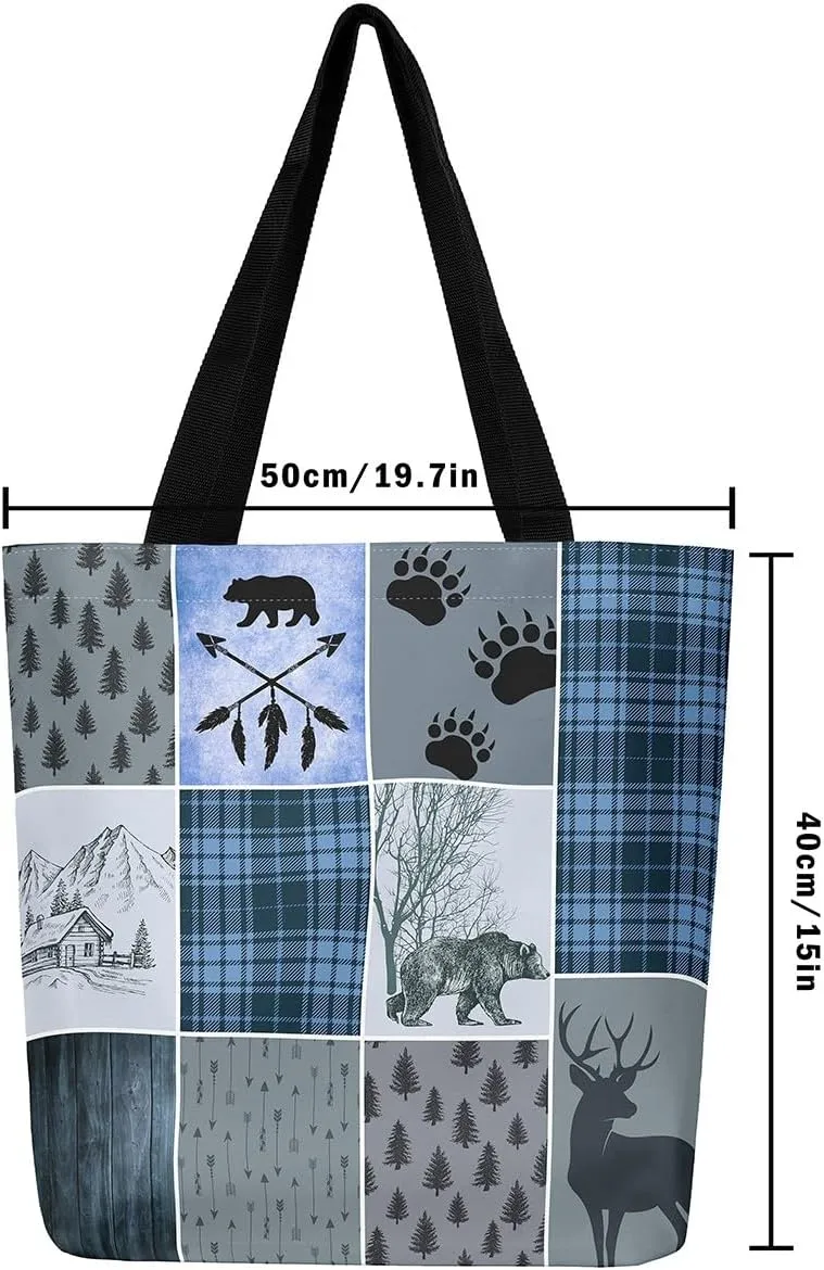 Hunting Bear Deer Canvas Tote Bag Camping Tote Bag Elk Animal Shopping Grocery Bags