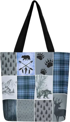 Hunting Bear Deer Canvas Tote Bag Camping Tote Bag Elk Animal Shopping Grocery Bags
