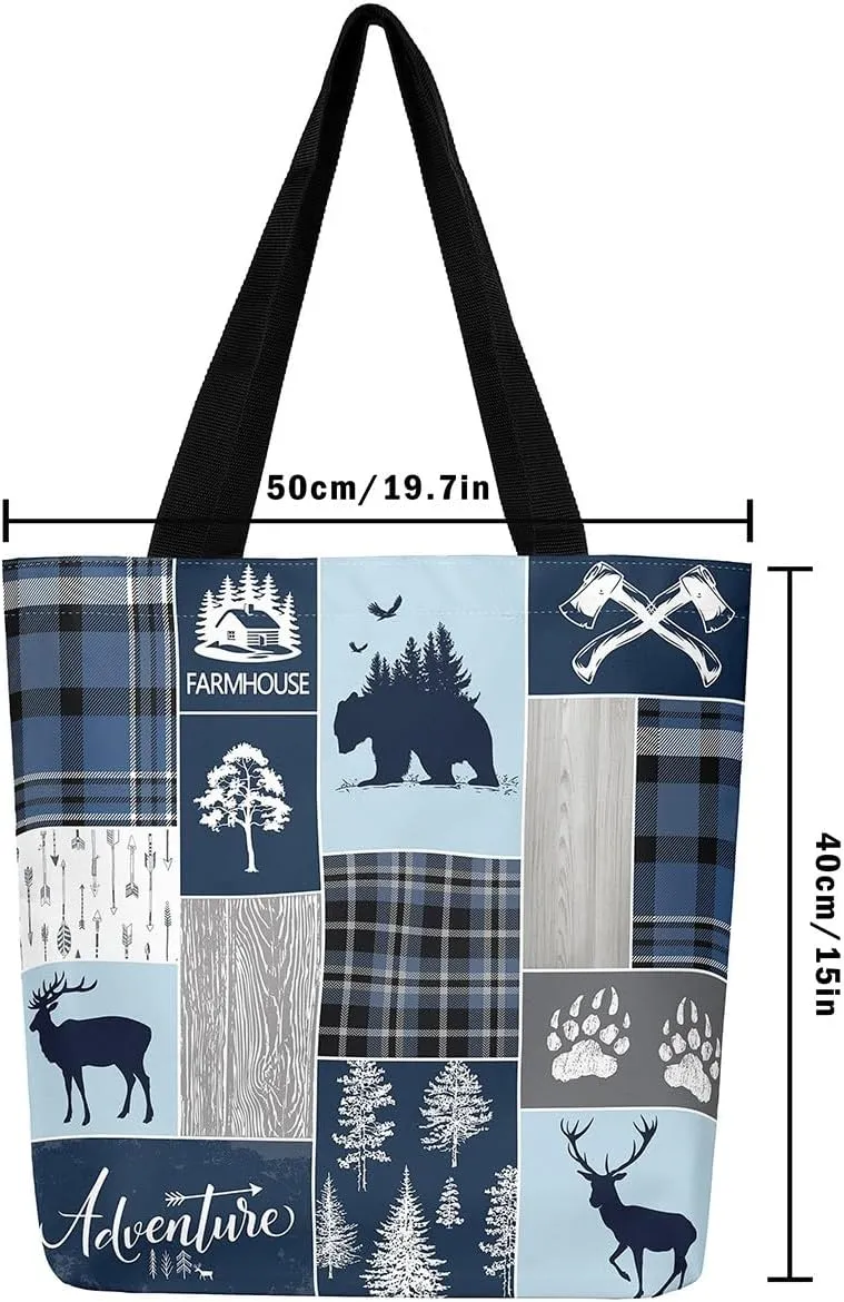 Hunting Bear Deer Canvas Tote Bag Camping Tote Bag Elk Animal Shopping Grocery Bags