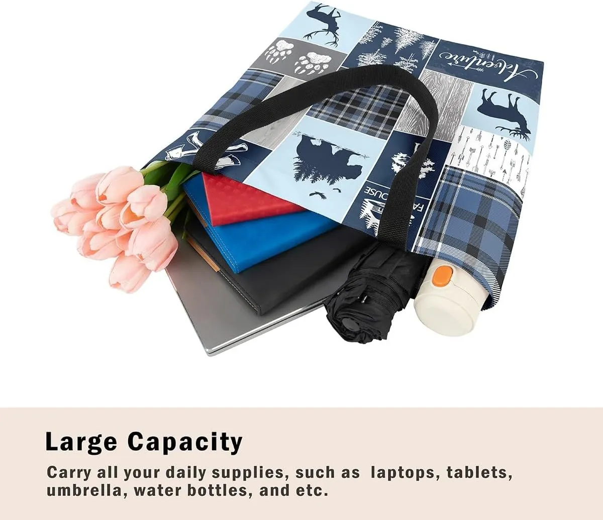 Hunting Bear Deer Canvas Tote Bag Camping Tote Bag Elk Animal Shopping Grocery Bags
