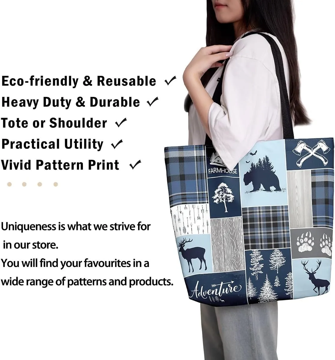 Hunting Bear Deer Canvas Tote Bag Camping Tote Bag Elk Animal Shopping Grocery Bags