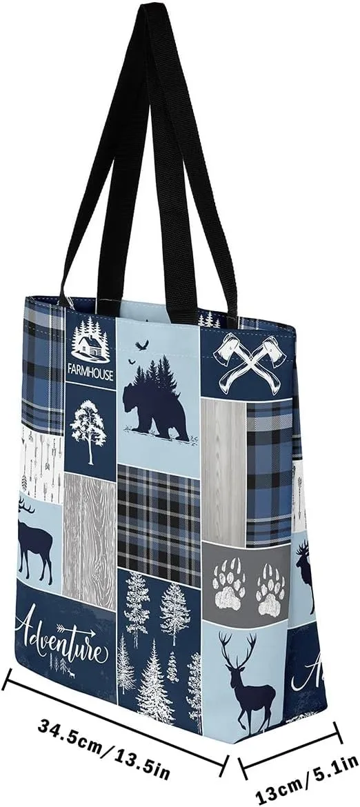 Hunting Bear Deer Canvas Tote Bag Camping Tote Bag Elk Animal Shopping Grocery Bags