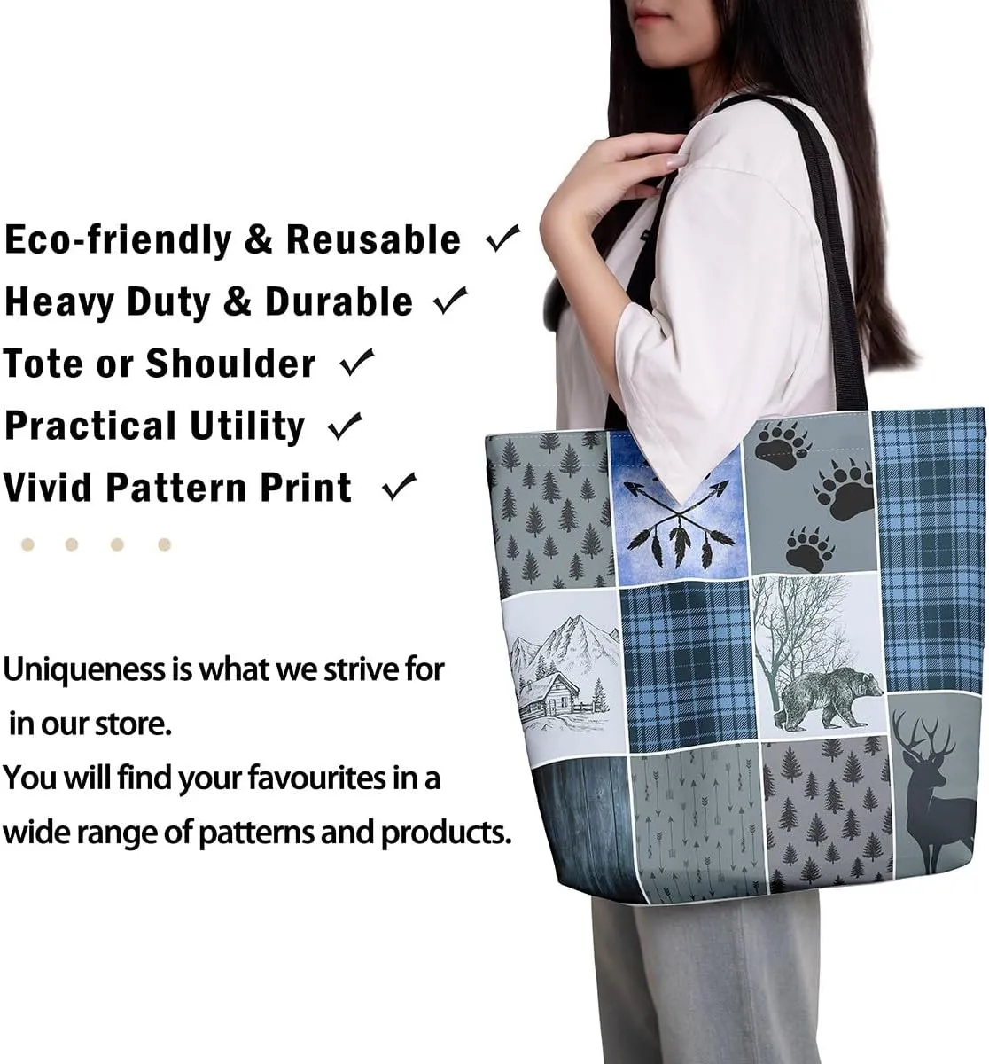 Hunting Bear Deer Canvas Tote Bag Camping Tote Bag Elk Animal Shopping Grocery Bags