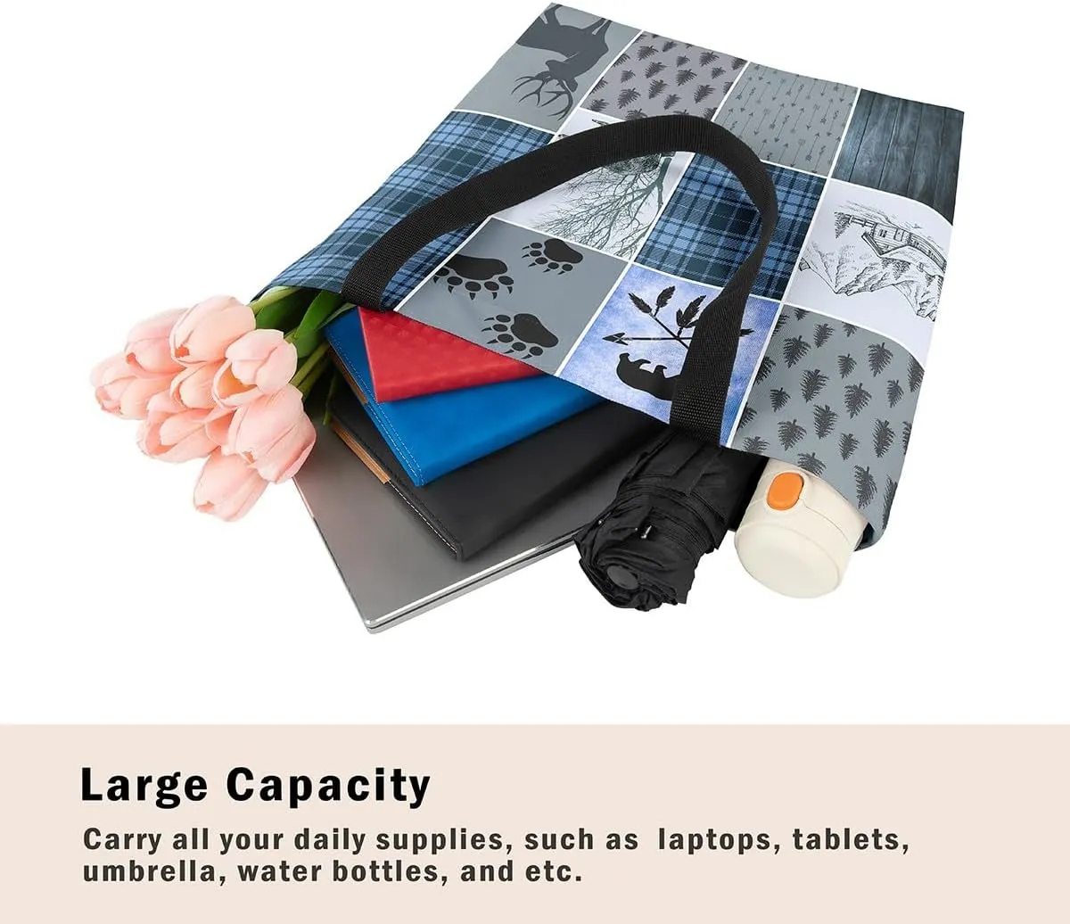Hunting Bear Deer Canvas Tote Bag Camping Tote Bag Elk Animal Shopping Grocery Bags