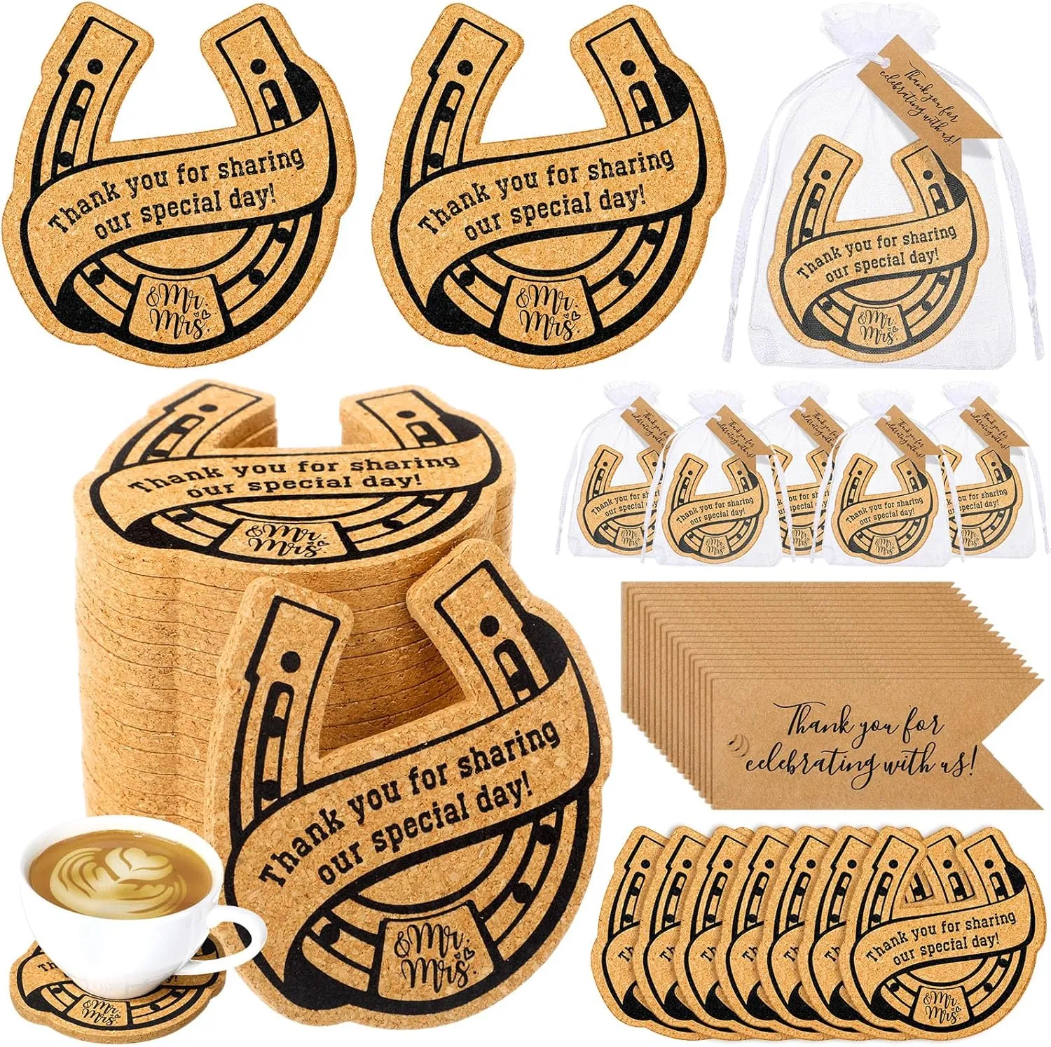 Hushee 50 Sets Wedding Favors for Guests Coasters Bulk Include Cast Iron Lucky Horseshoes Coasters and Thank You Cards and Organza Bags Wedding Gifts Bridal Shower Favors Party Souvenirs