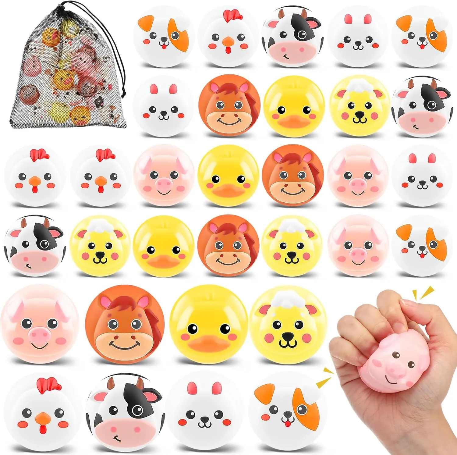 HyDren 48 Pcs Animal Stress Balls Bulk 2'' Cute Farm Animal Party Favors Squeeze Ball Mini Foam Stress Fidget Toys with Bag for Kids Adults Easter Egg Hunt Birthday School Gift, 8 Styles