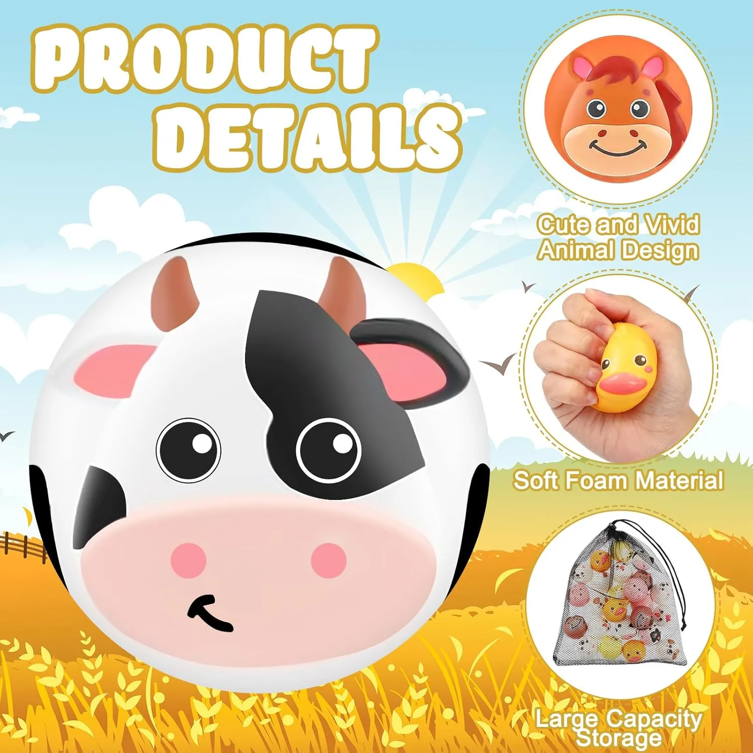 HyDren 48 Pcs Animal Stress Balls Bulk 2'' Cute Farm Animal Party Favors Squeeze Ball Mini Foam Stress Fidget Toys with Bag for Kids Adults Easter Egg Hunt Birthday School Gift, 8 Styles
