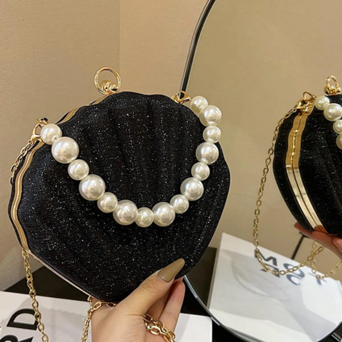 IAMUHI Lovely Shell Handbag Purse Beaded Evening Bag Chain Cross-body Clutch Purse