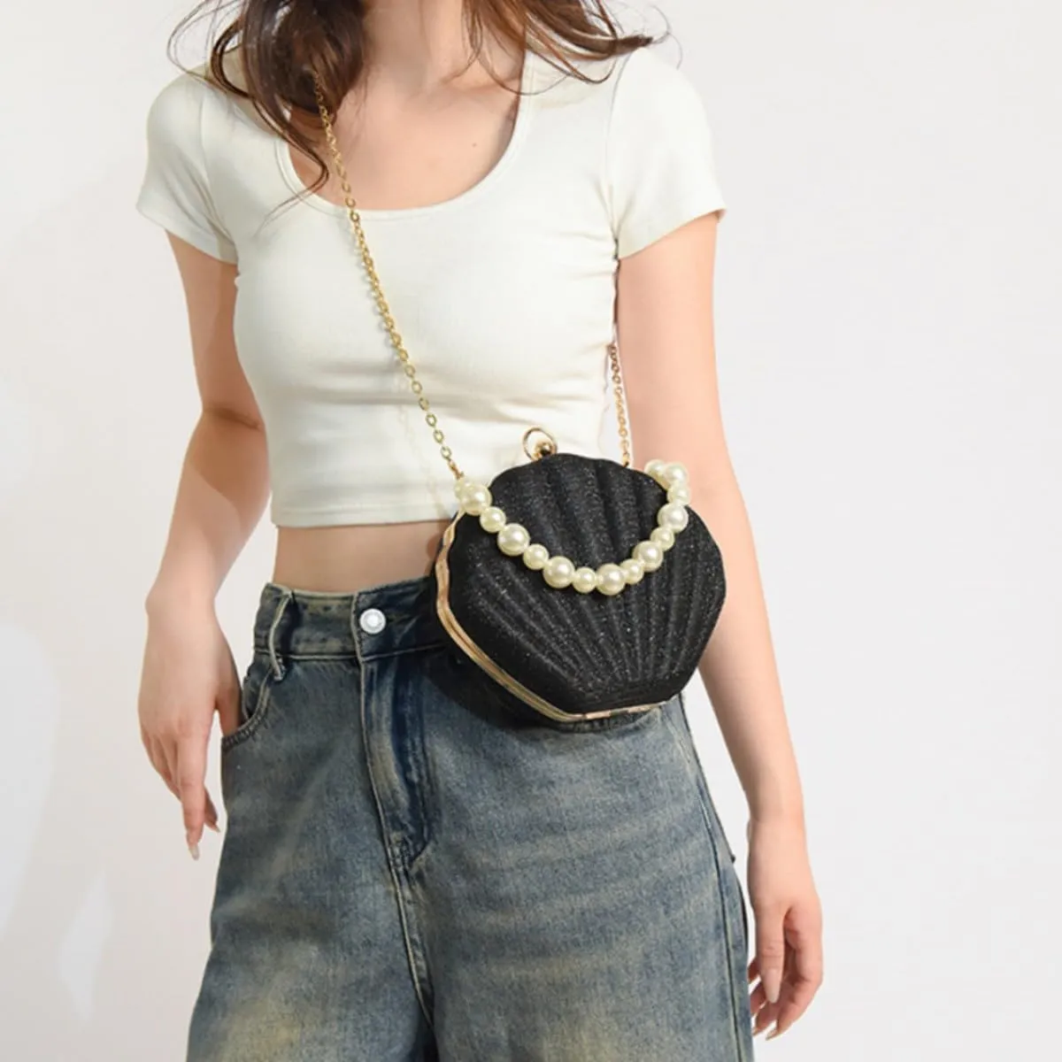 IAMUHI Lovely Shell Handbag Purse Beaded Evening Bag Chain Cross-body Clutch Purse
