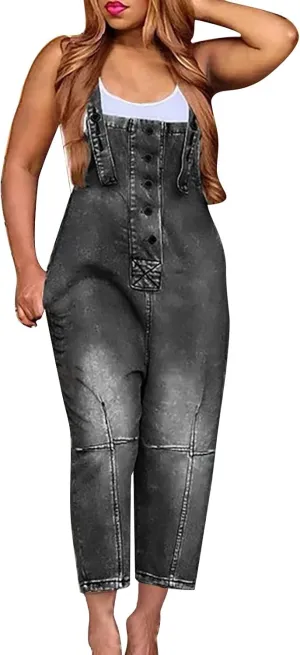 Independence Day Sweaters for Women Fashion Washed Jean Bib Overalls for Women Button Down Strappy Top Baggy Capri Pants Stretch Denim Jumpsuits Rompers(Black,XX-Large)