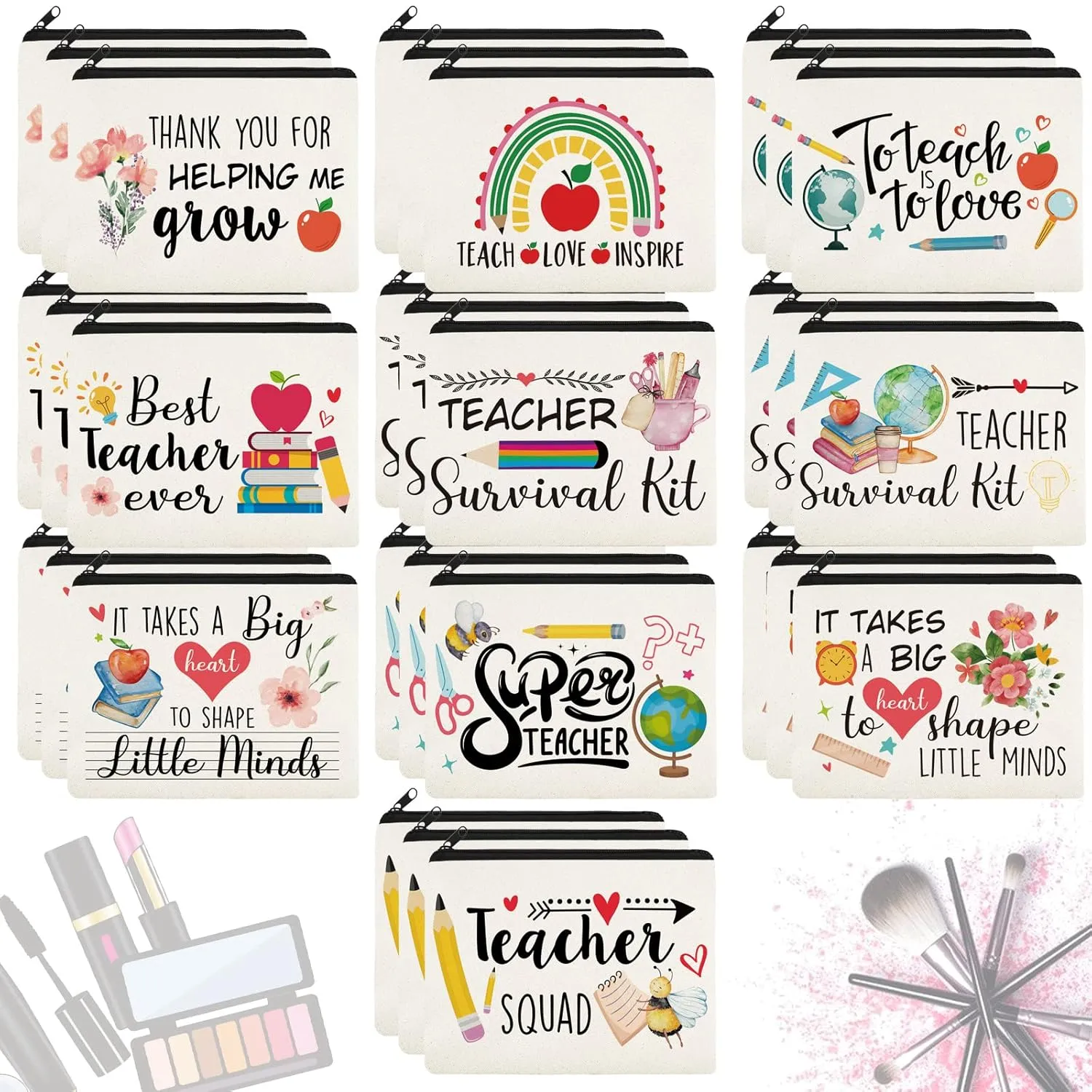 Irenare 30 Pcs Teacher Makeup Bag Graduation Cosmetic Bag Pencil Case Bags Travel Toiletry Canvas Pouch with Zipper for Teacher Appreciation Gift