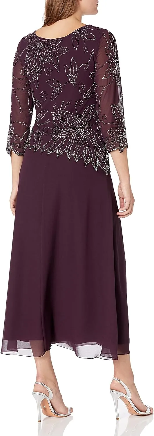 J Kara Women's Floral Beaded Pattern Asymetrical Mock Flare Dress