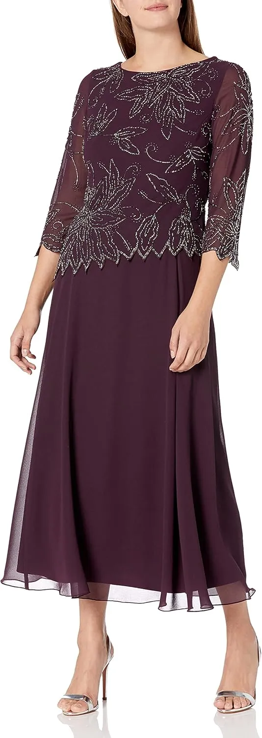 J Kara Women's Floral Beaded Pattern Asymetrical Mock Flare Dress