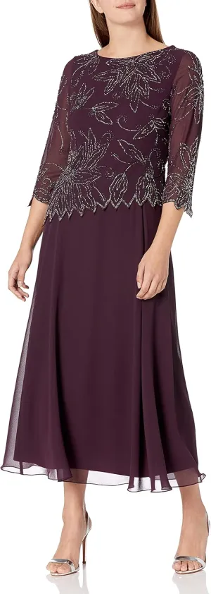 J Kara Women's Floral Beaded Pattern Asymetrical Mock Flare Dress