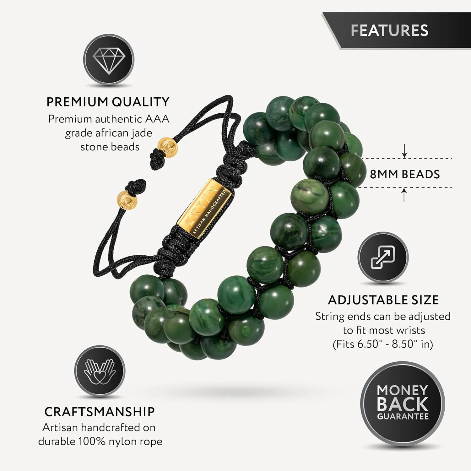 Jade Bracelet for Men – Premium Artisan Handcrafted Authentic Dark Green Jade Bracelet – 8MM Beaded Stone Mens Jade Bracelets (Morocco)