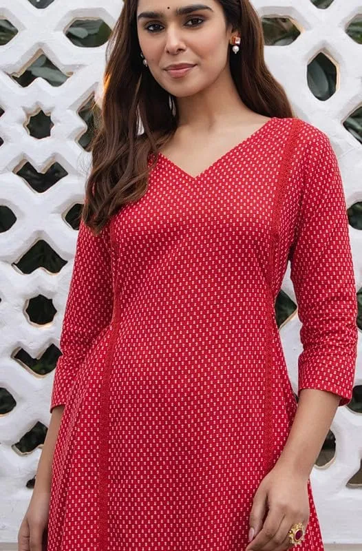 Janasya Indian Women's Red Pure Cotton Kurta Kurti Top Tunic Casual Kurta with Pant for Women