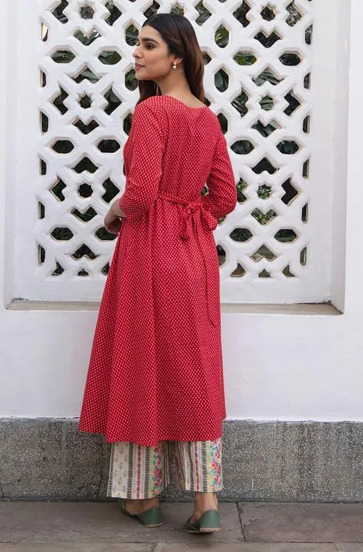 Janasya Indian Women's Red Pure Cotton Kurta Kurti Top Tunic Casual Kurta with Pant for Women