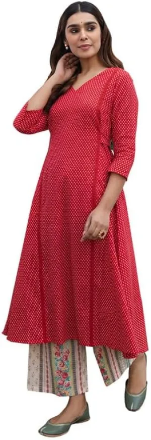 Janasya Indian Women's Red Pure Cotton Kurta Kurti Top Tunic Casual Kurta with Pant for Women