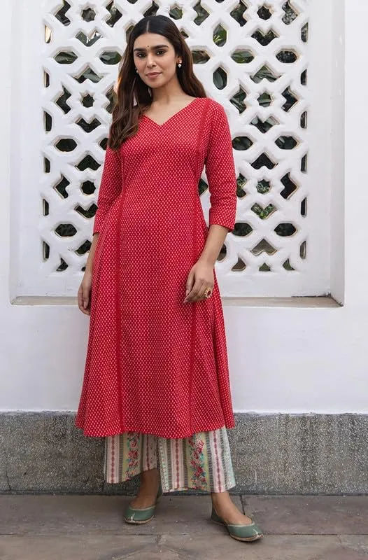 Janasya Indian Women's Red Pure Cotton Kurta Kurti Top Tunic Casual Kurta with Pant for Women