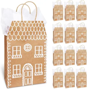 JarThenaAMCS 12Pcs House Shaped Gift Bags Winter Snow House Kraft Paper Bags with Tissue Paper Rustic Christmas Candy Treat Bags for Xmas Holiday Housewarming Estate Agent Gifts