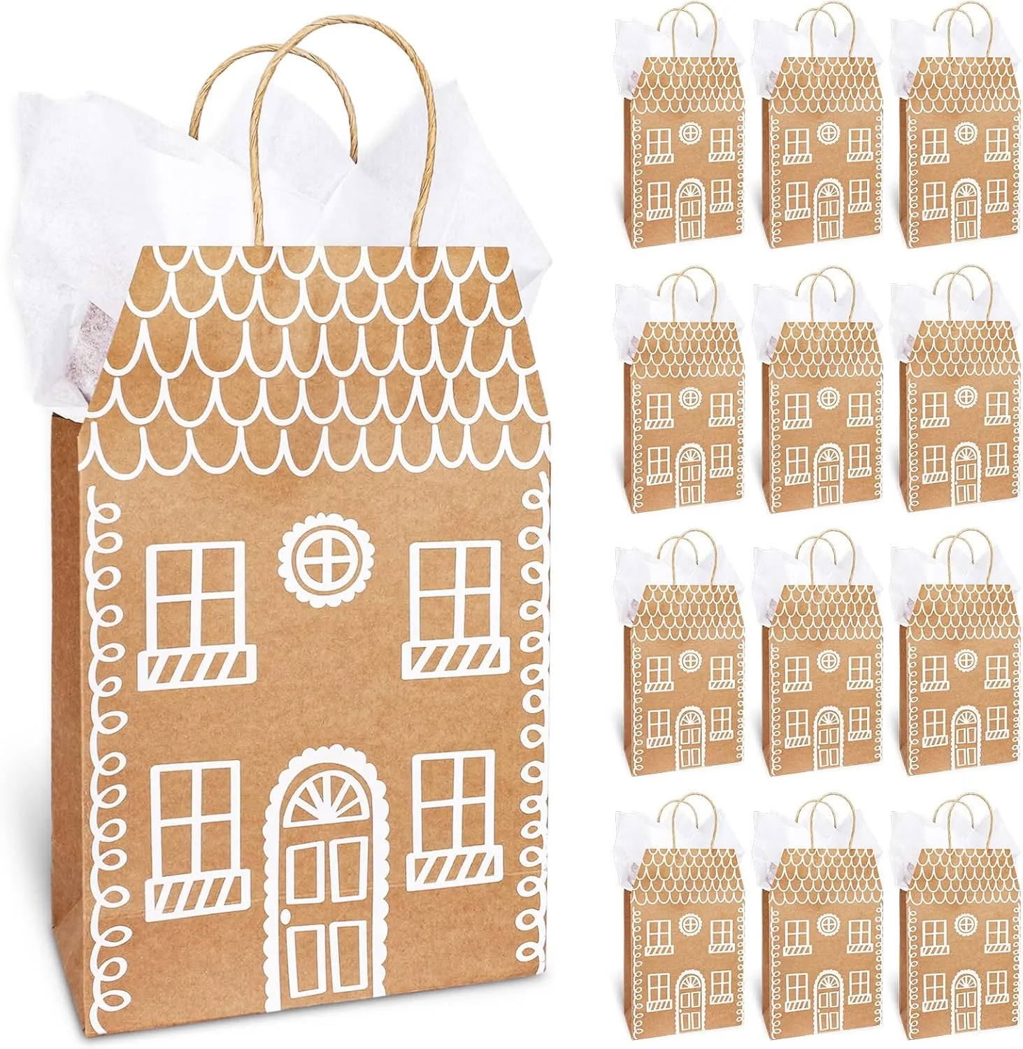 JarThenaAMCS 12Pcs House Shaped Gift Bags Winter Snow House Kraft Paper Bags with Tissue Paper Rustic Christmas Candy Treat Bags for Xmas Holiday Housewarming Estate Agent Gifts