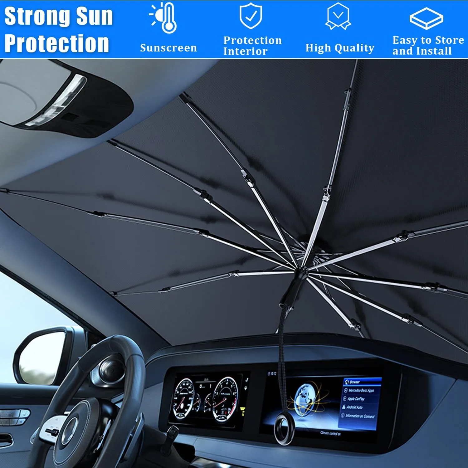 JDDRY Car Front Windshield Sun Shade with Pull Cord, Umbrella Sun Shade for Large SUV (145x80cm/57x31.5)