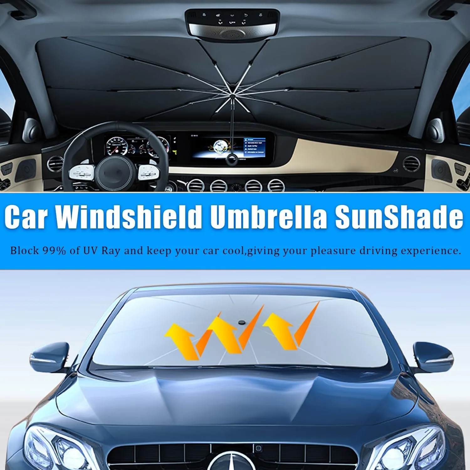 JDDRY Car Front Windshield Sun Shade with Pull Cord, Umbrella Sun Shade for Large SUV (145x80cm/57x31.5)