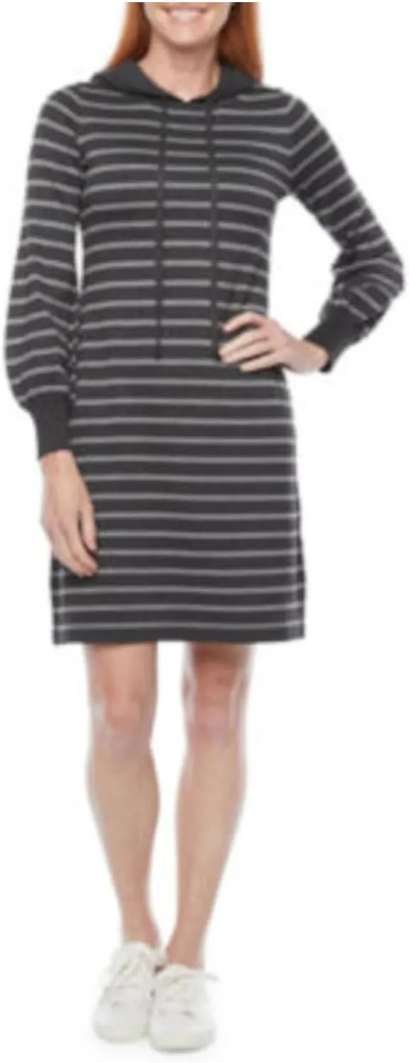JESSICA HOWARD Womens Gray Unlined Drawstring Hood Pullover Striped Long Sleeve Above The Knee Sweater Dress S