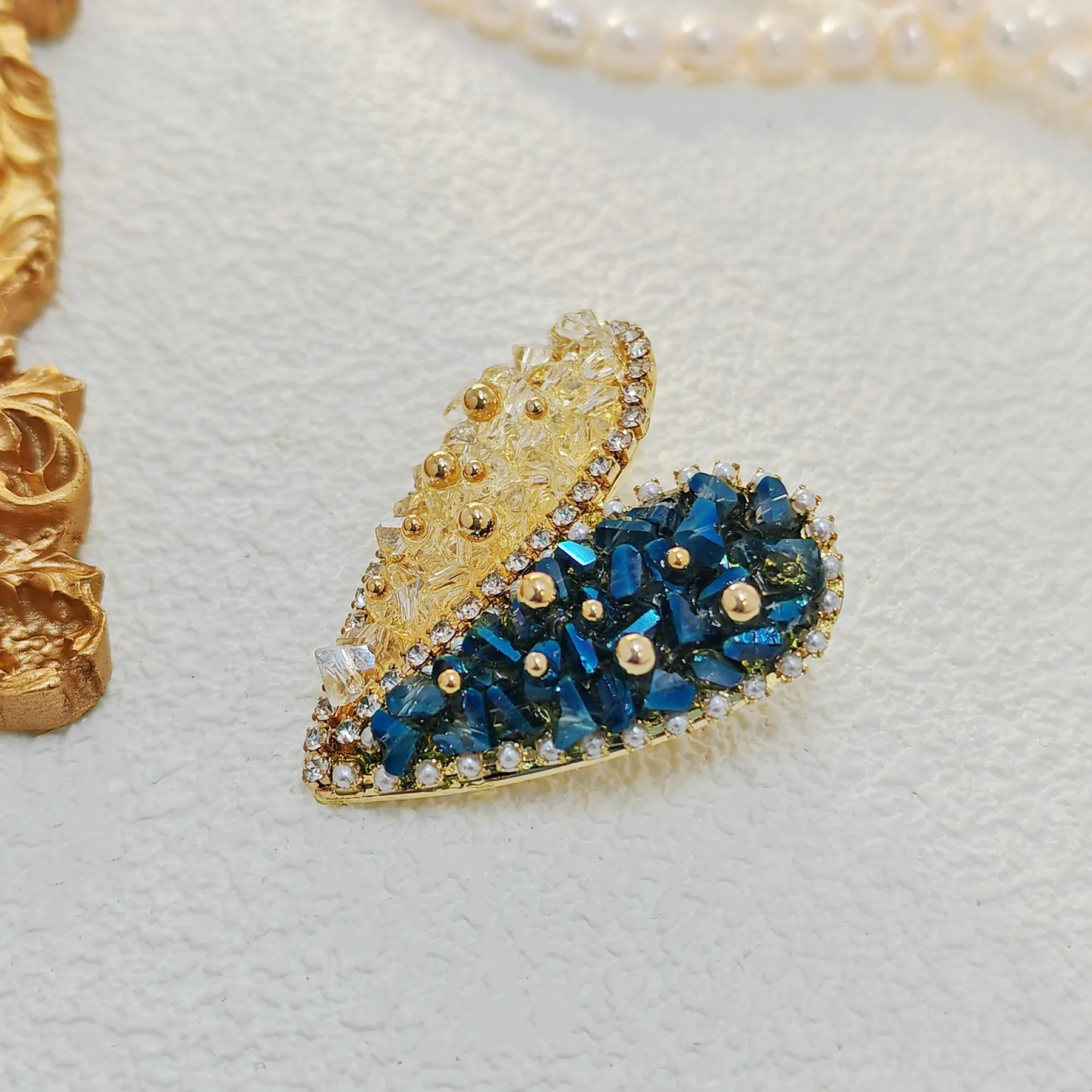 Jewelblings Stunning Golden Beaded Yellow Blue Rhinestone Heart Shaped Broaches and Pins Two Color Jewelry for Women Business Suit Dresses