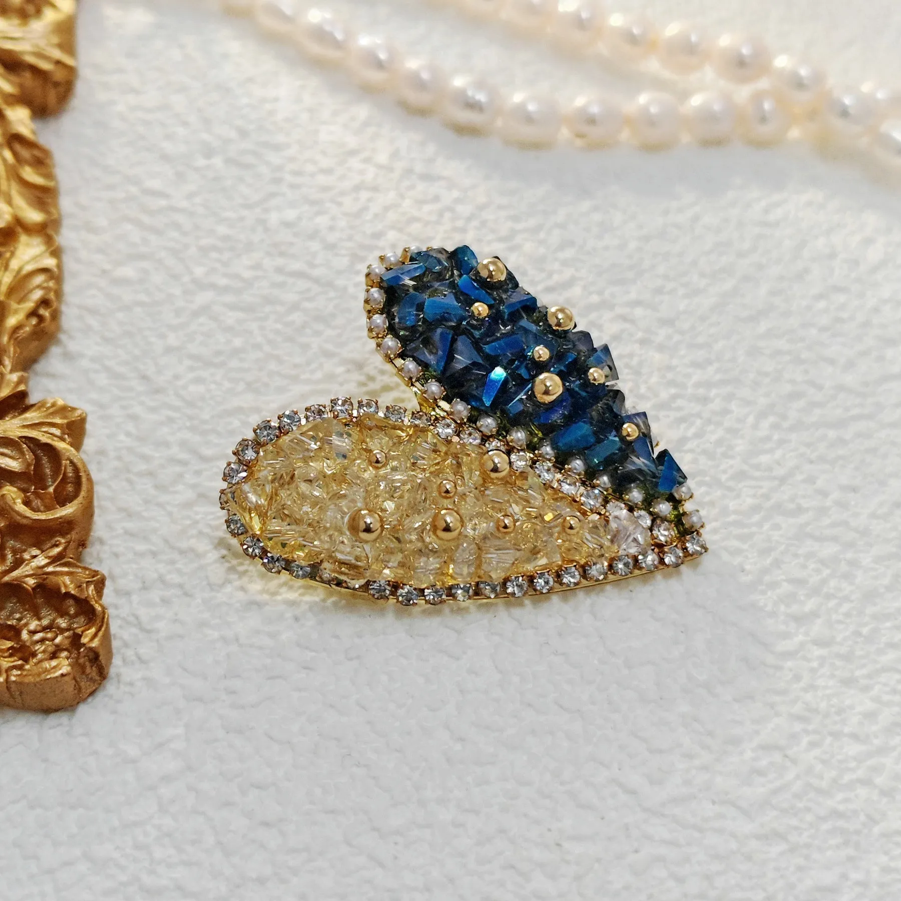 Jewelblings Stunning Golden Beaded Yellow Blue Rhinestone Heart Shaped Broaches and Pins Two Color Jewelry for Women Business Suit Dresses