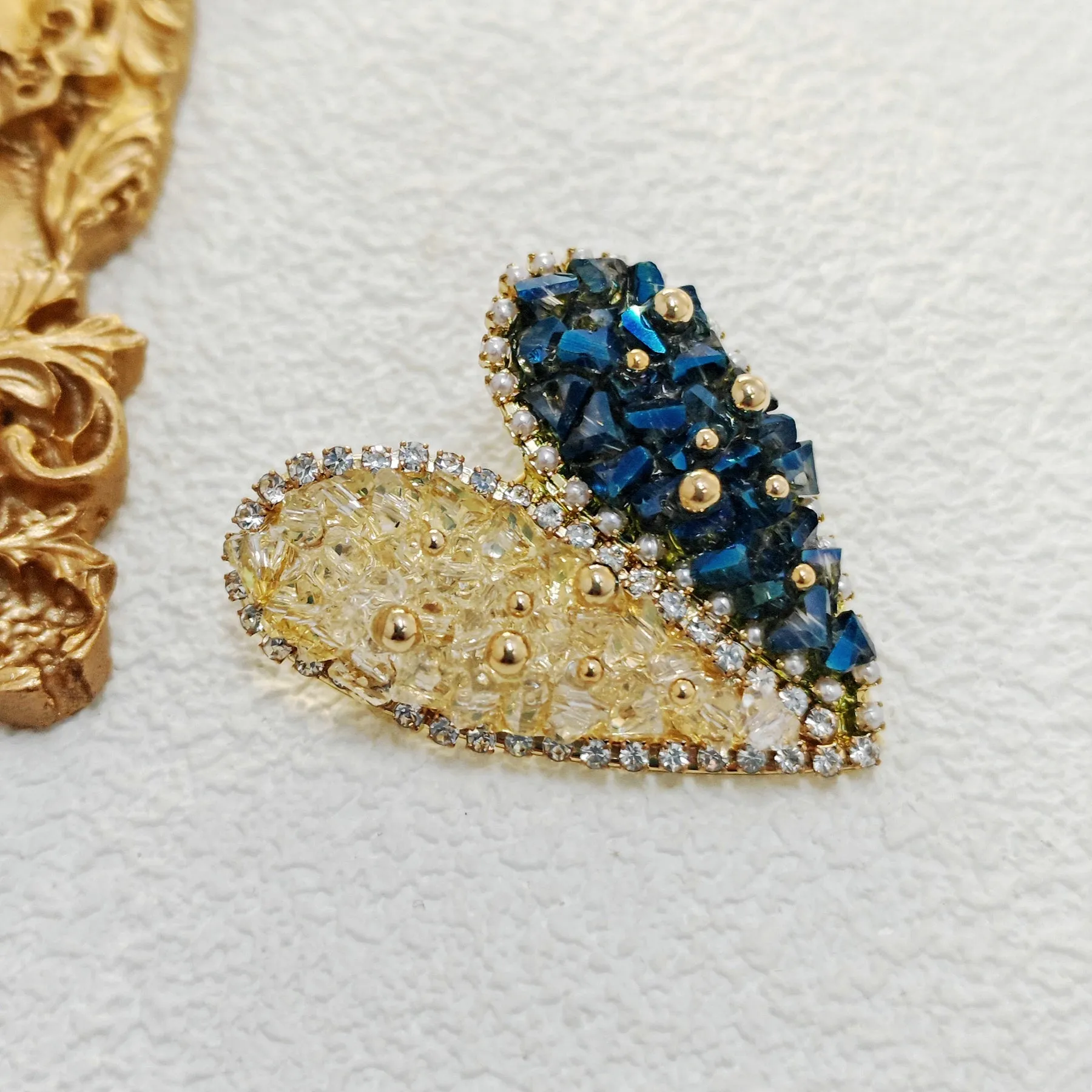 Jewelblings Stunning Golden Beaded Yellow Blue Rhinestone Heart Shaped Broaches and Pins Two Color Jewelry for Women Business Suit Dresses