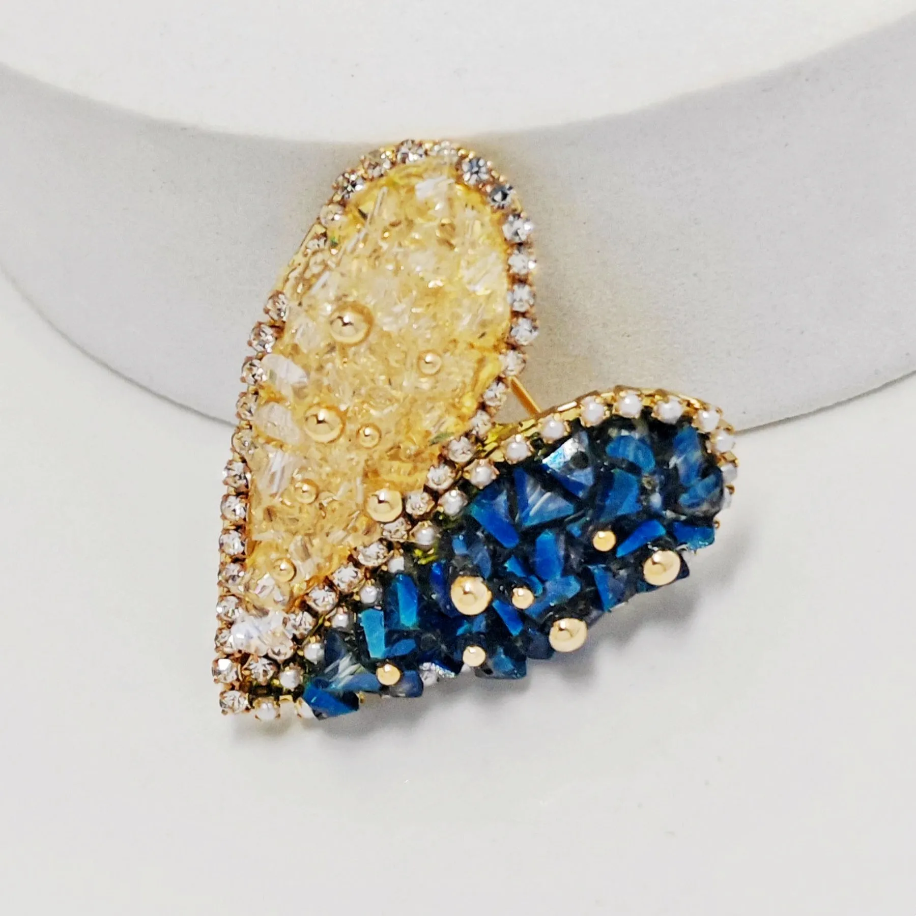 Jewelblings Stunning Golden Beaded Yellow Blue Rhinestone Heart Shaped Broaches and Pins Two Color Jewelry for Women Business Suit Dresses