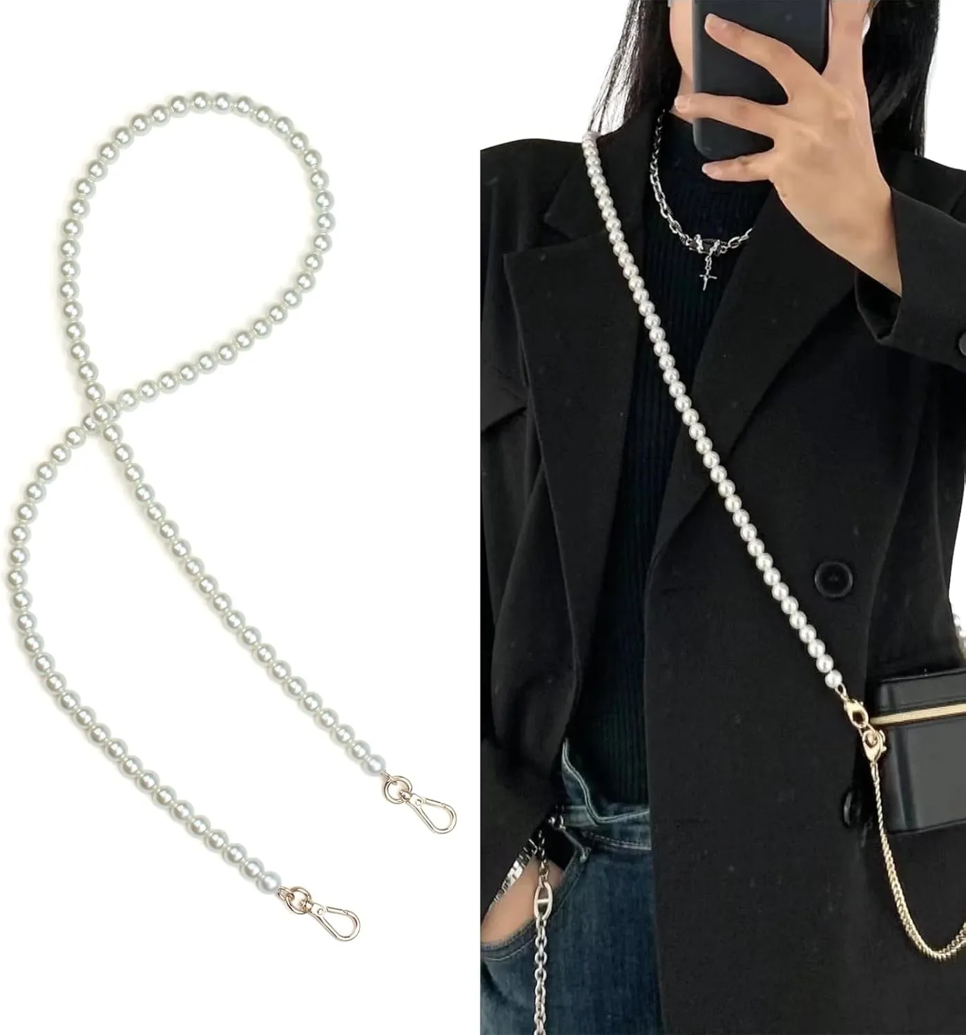 jiesinlov Pearl Purse Chain Imitation Pearl Beaded Shoulder Bag Strap Replacement Crossbody for Handbags(B90-Gold)
