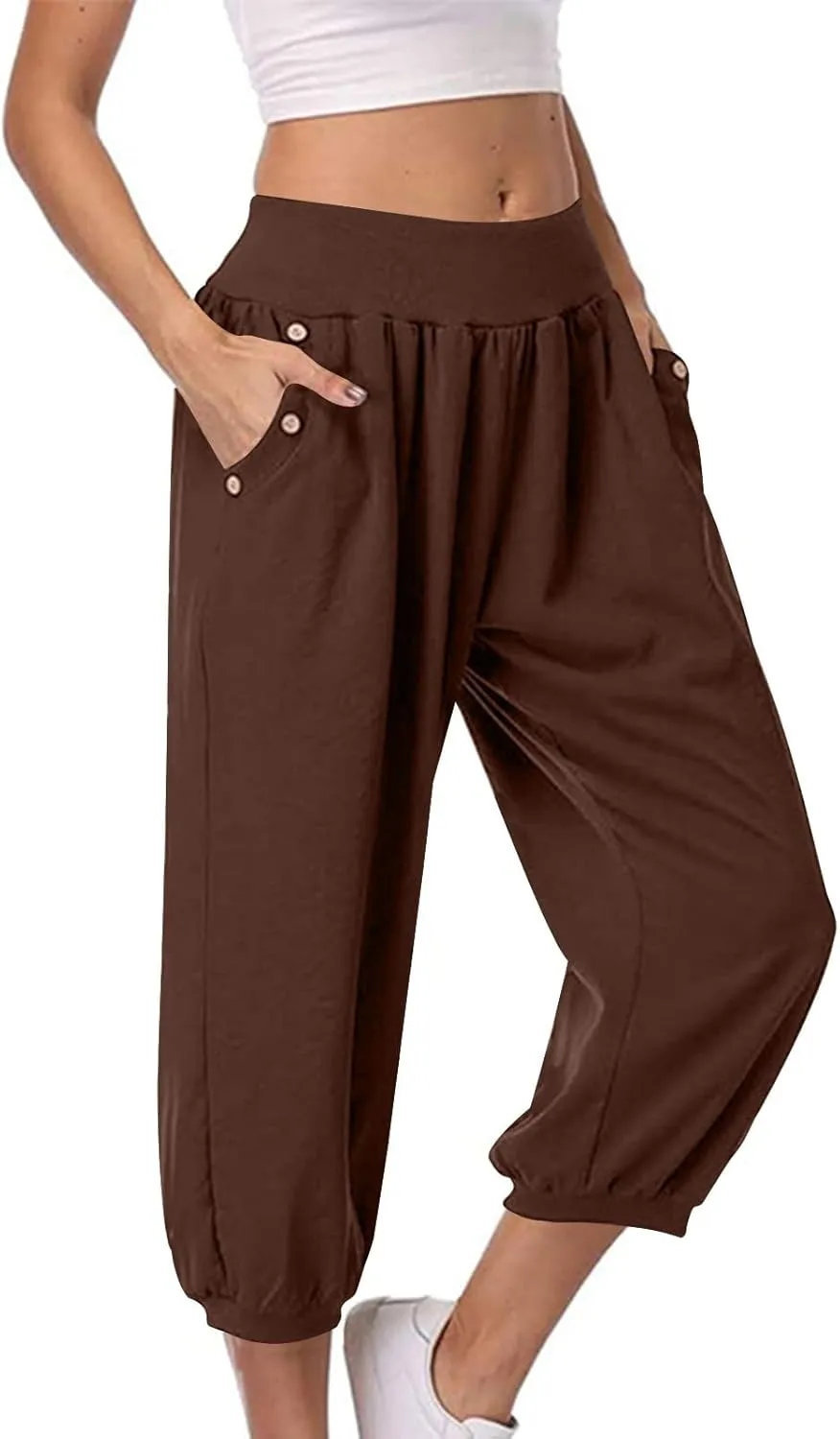 Jogger Capris for Women High Waisted Capri Pants Tummy Control Yoga Capris with Pockets Comfy Cropped Pants Trousers