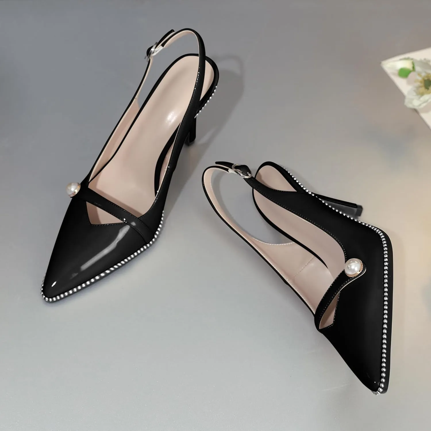 Joseywade Slingback Heels Women's Pointed Toe High Heel Pumps Pearl Beaded Cocktail Night Out Work Dress Shoes 3.5 Inch