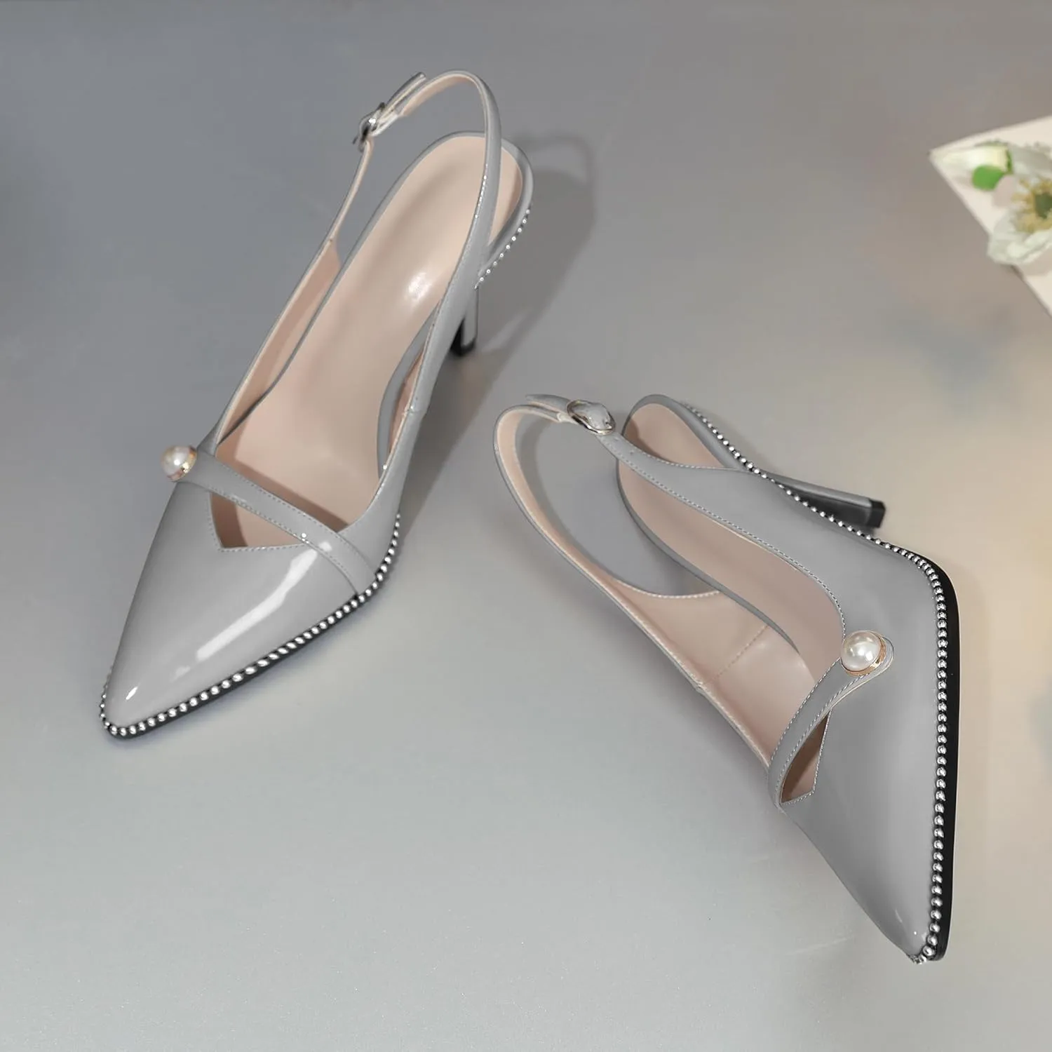 Joseywade Slingback Heels Women's Pointed Toe High Heel Pumps Pearl Beaded Cocktail Night Out Work Dress Shoes 3.5 Inch