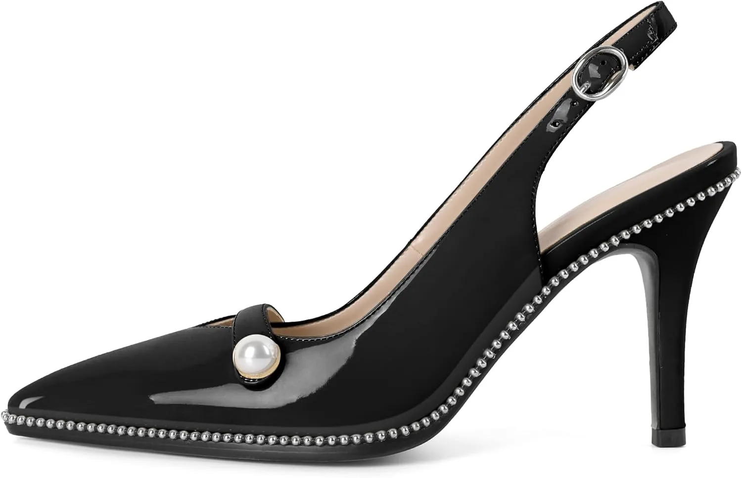 Joseywade Slingback Heels Women's Pointed Toe High Heel Pumps Pearl Beaded Cocktail Night Out Work Dress Shoes 3.5 Inch