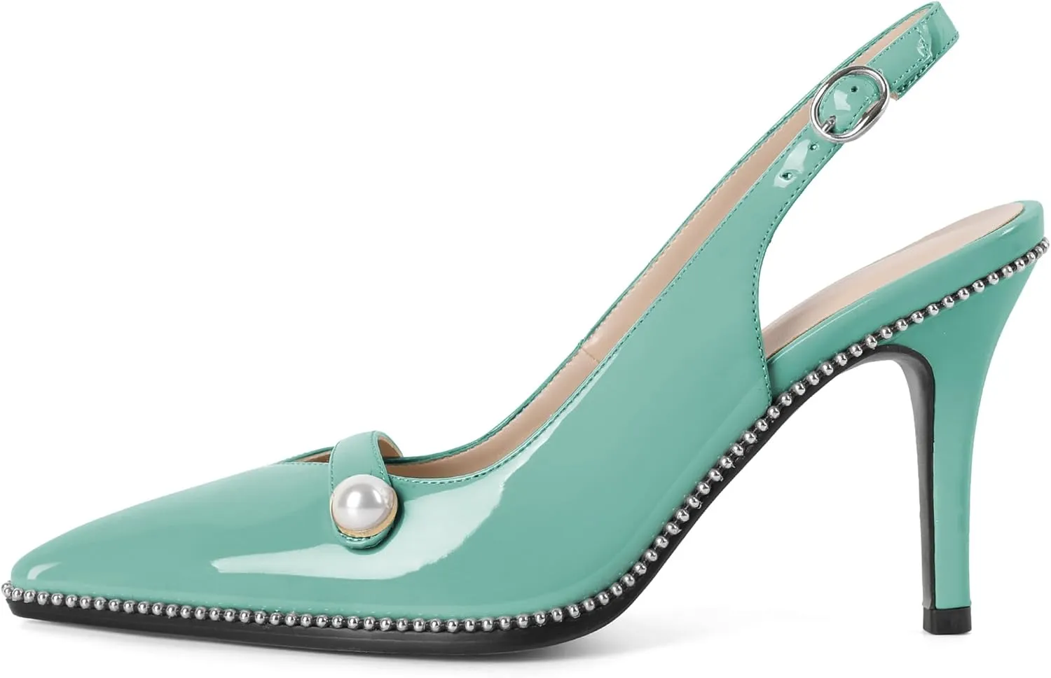 Joseywade Slingback Heels Women's Pointed Toe High Heel Pumps Pearl Beaded Cocktail Night Out Work Dress Shoes 3.5 Inch