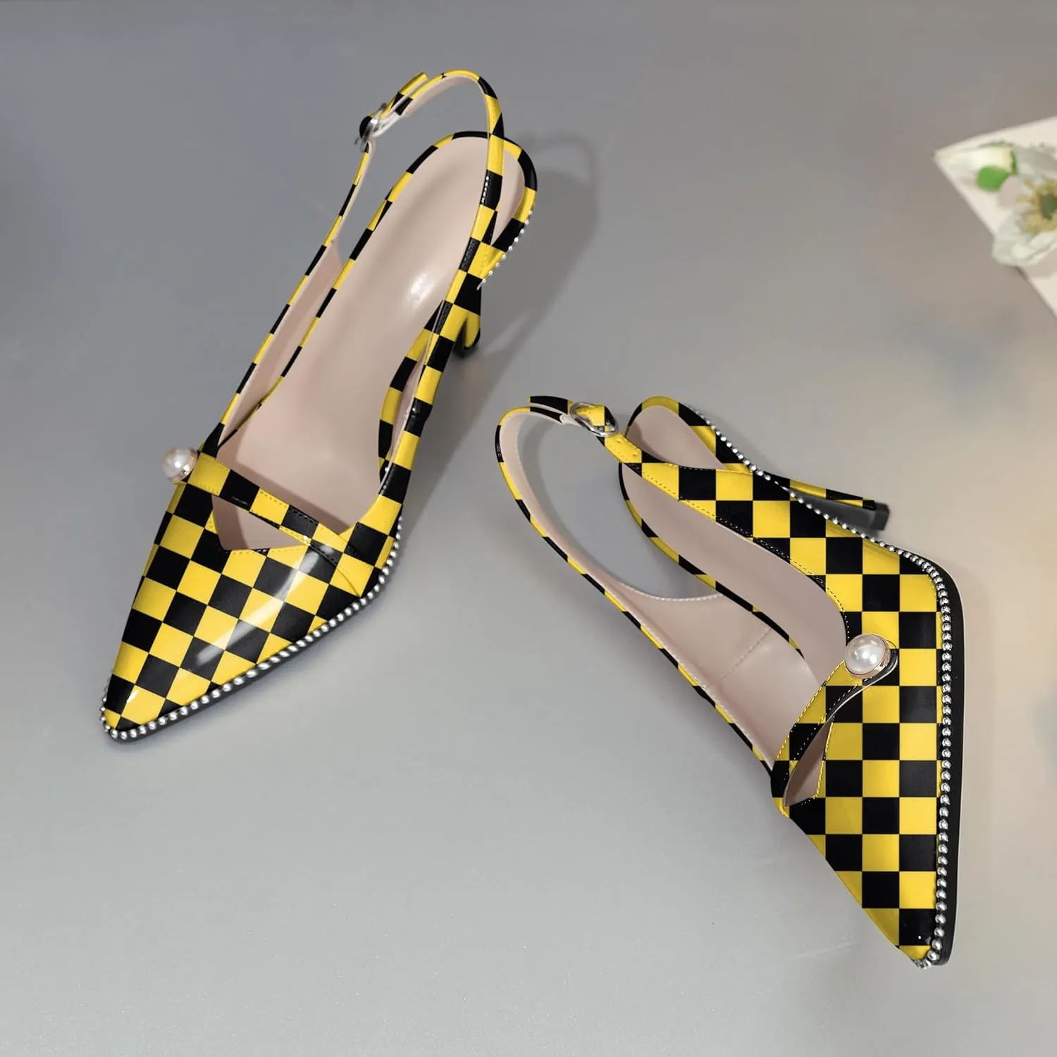 Joseywade Slingback Heels Women's Pointed Toe High Heel Pumps Pearl Beaded Cocktail Night Out Work Dress Shoes 3.5 Inch