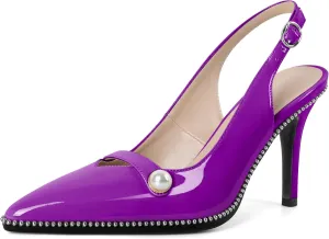 Joseywade Slingback Heels Women's Pointed Toe High Heel Pumps Pearl Beaded Cocktail Night Out Work Dress Shoes 3.5 Inch