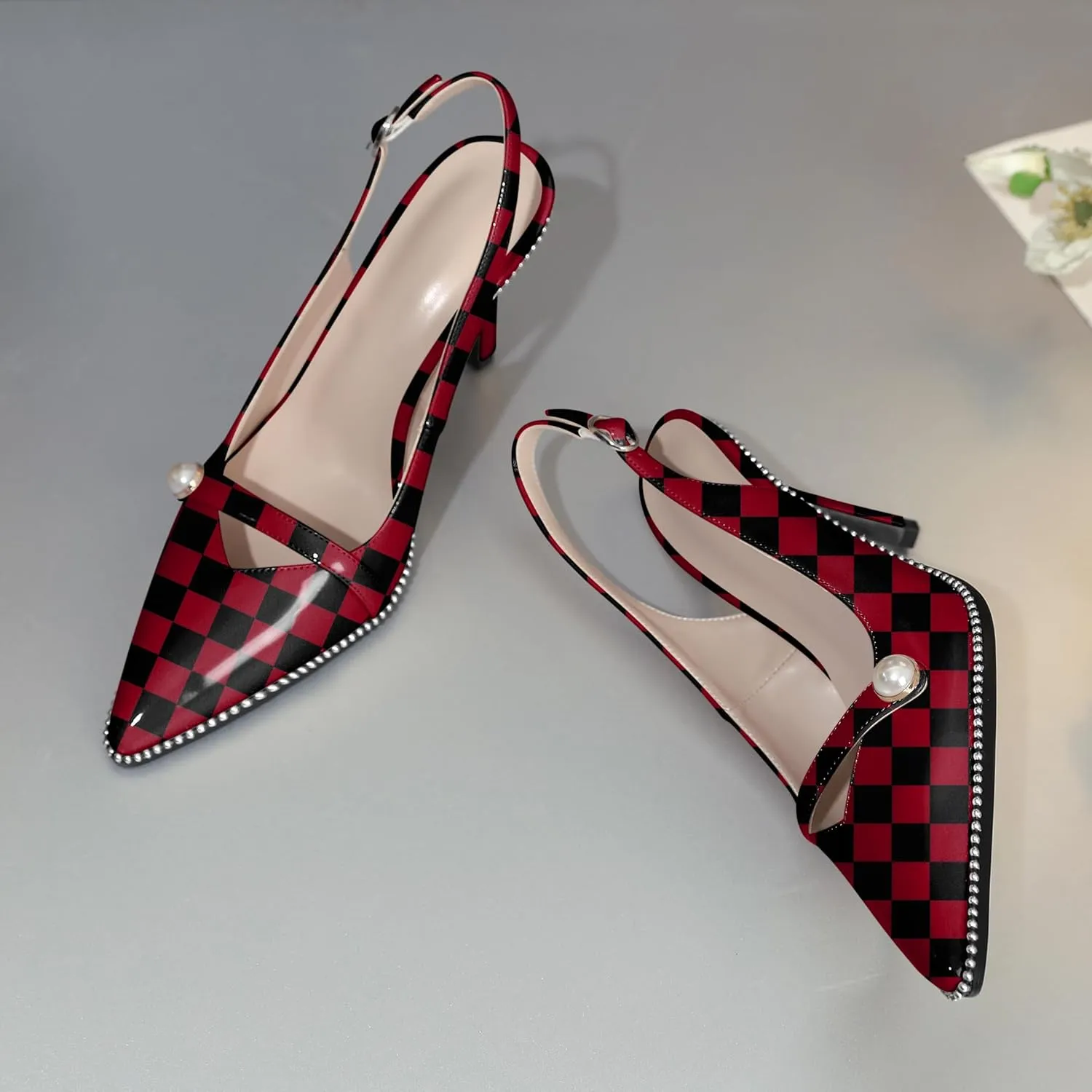 Joseywade Slingback Heels Women's Pointed Toe High Heel Pumps Pearl Beaded Cocktail Night Out Work Dress Shoes 3.5 Inch
