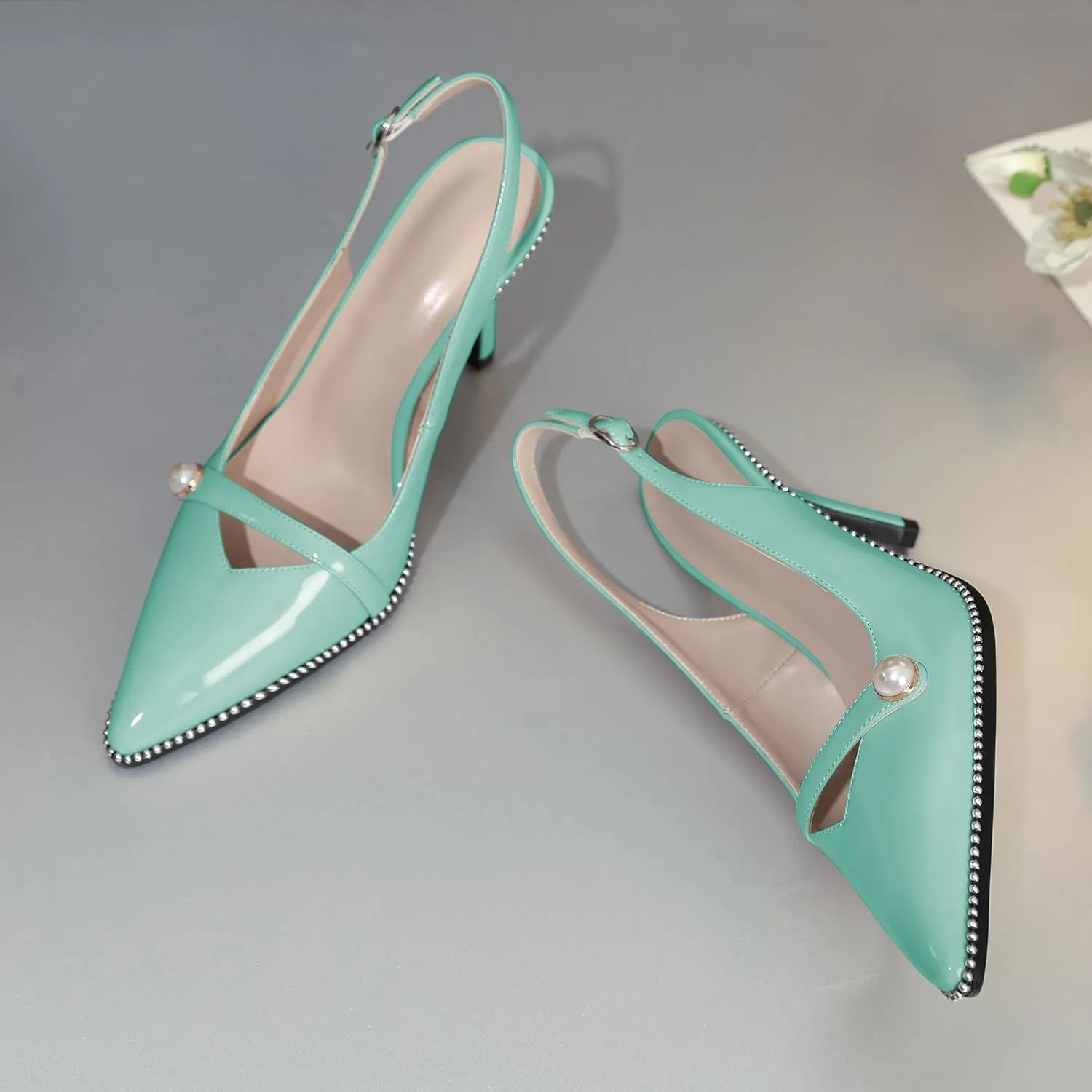 Joseywade Slingback Heels Women's Pointed Toe High Heel Pumps Pearl Beaded Cocktail Night Out Work Dress Shoes 3.5 Inch