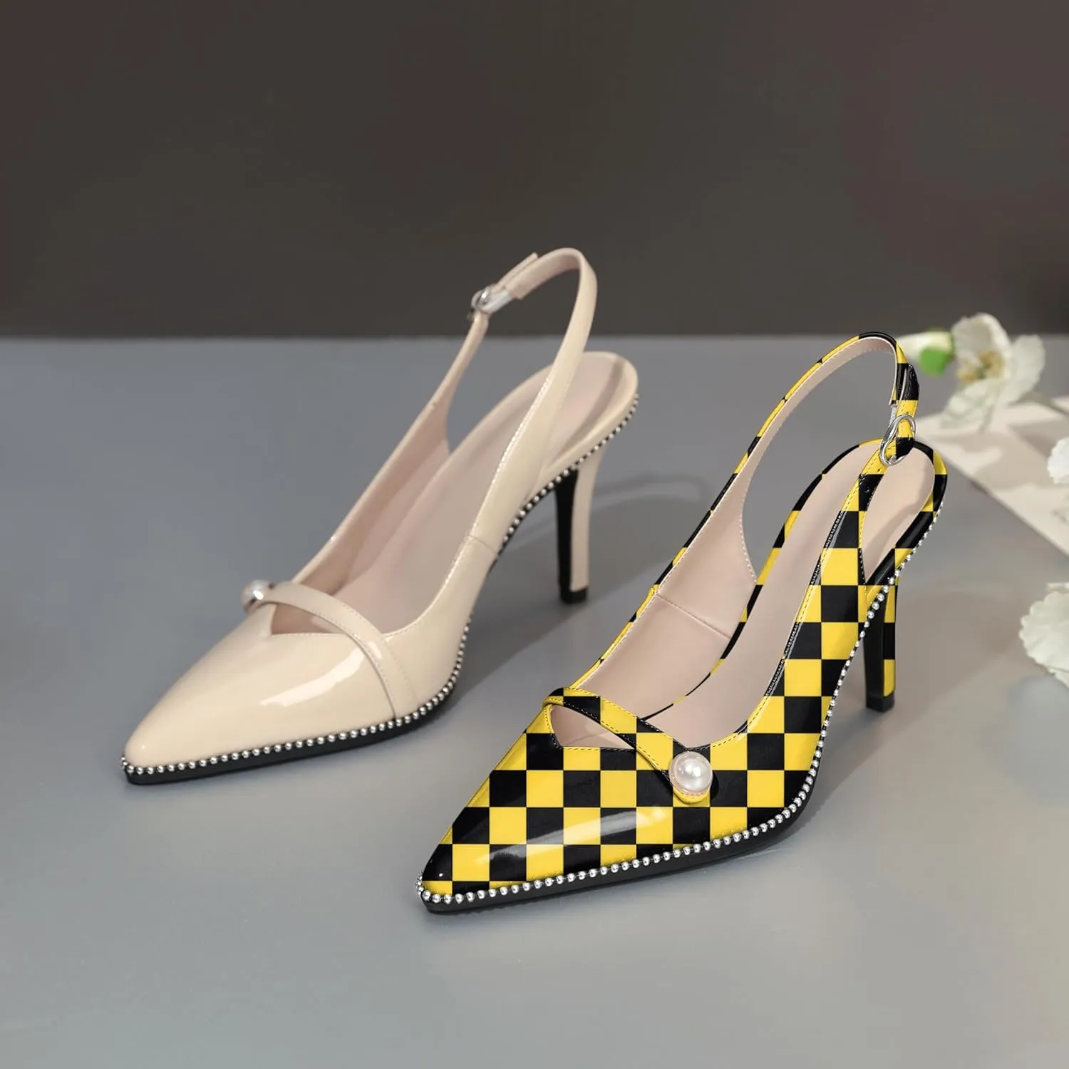 Joseywade Slingback Heels Women's Pointed Toe High Heel Pumps Pearl Beaded Cocktail Night Out Work Dress Shoes 3.5 Inch