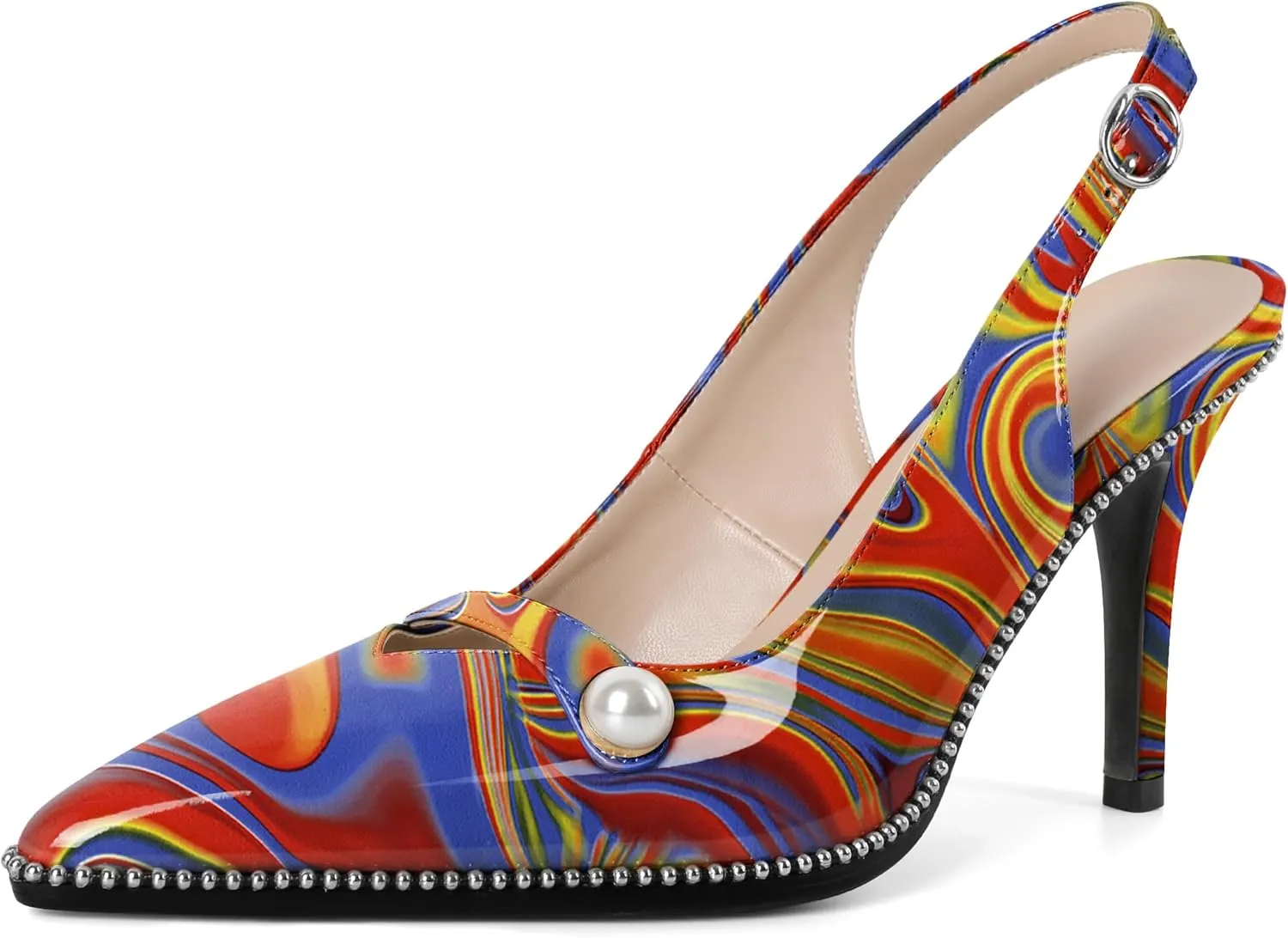 Joseywade Slingback Heels Women's Pointed Toe High Heel Pumps Pearl Beaded Cocktail Night Out Work Dress Shoes 3.5 Inch