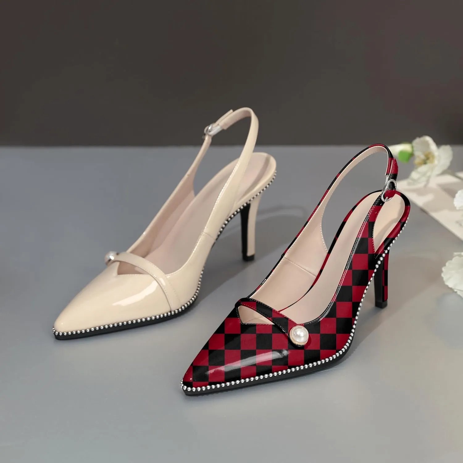 Joseywade Slingback Heels Women's Pointed Toe High Heel Pumps Pearl Beaded Cocktail Night Out Work Dress Shoes 3.5 Inch