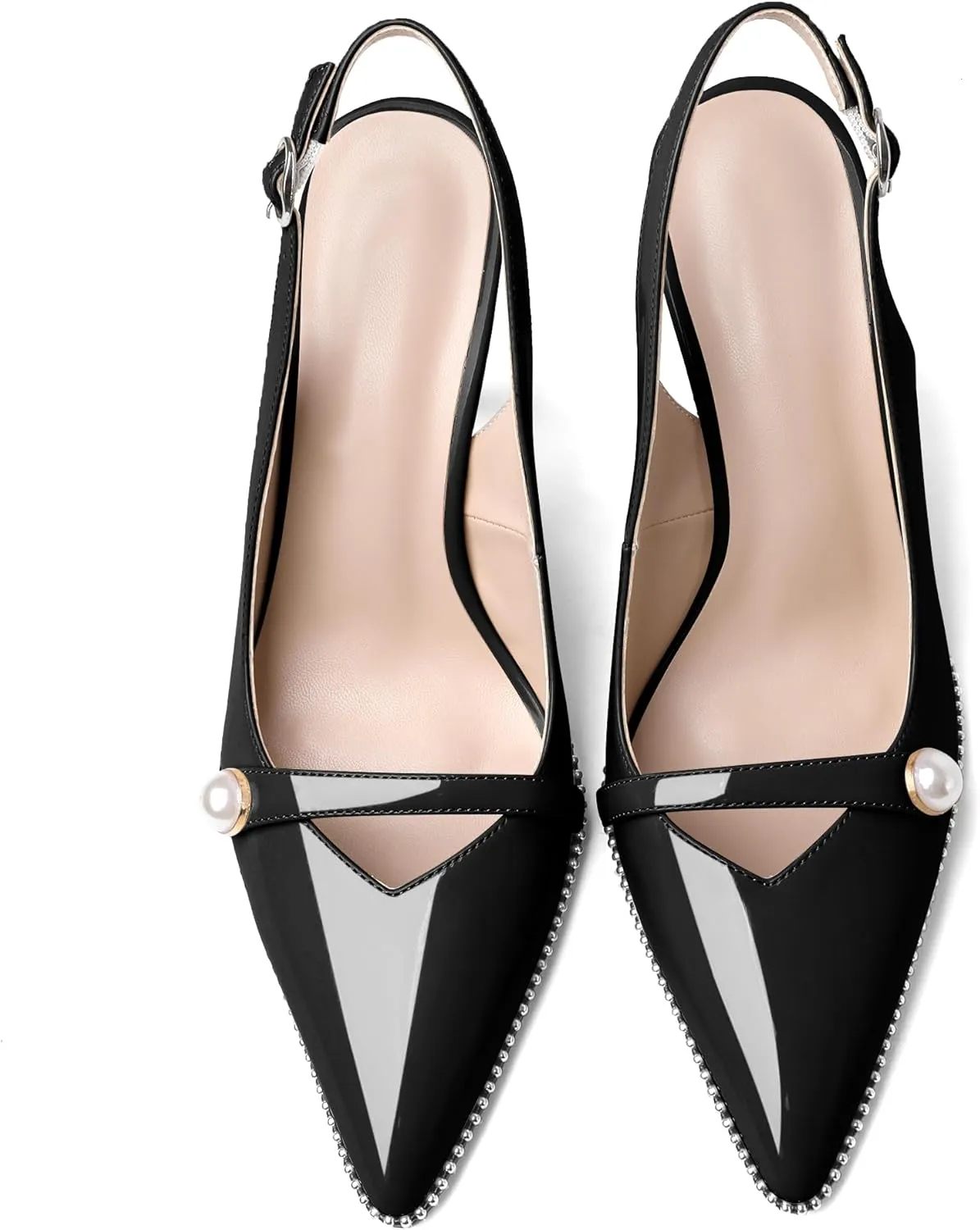 Joseywade Slingback Heels Women's Pointed Toe High Heel Pumps Pearl Beaded Cocktail Night Out Work Dress Shoes 3.5 Inch